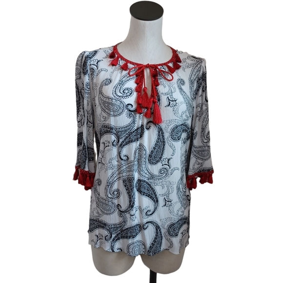 Chicos Top Paisley Print Black White Red Tassels Tunic Blouse Womens Size Small - Picture 14 of 14
